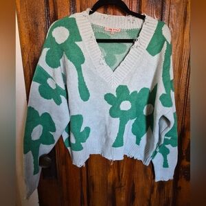 Bailey Rose L Distressed Floral Boho Sweater